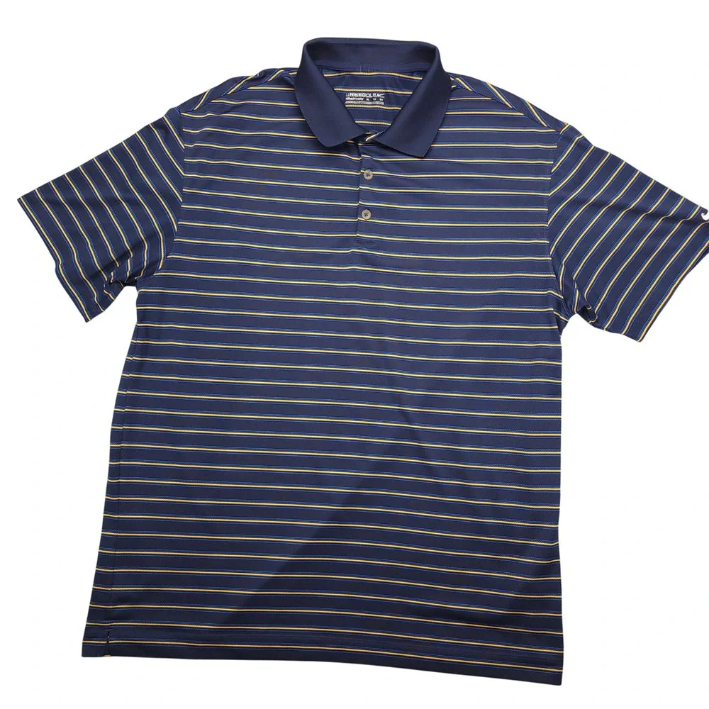 Nike Golf Fitr-Dri Men's Polo Shirt Size XLNavy Blue‎ Yellow Stripe Mesh Panels
